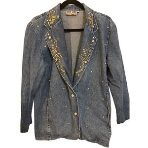 City Girl Sport Vintage Denim Blazer Studded Rhinestone Embellished Blue Jacket
